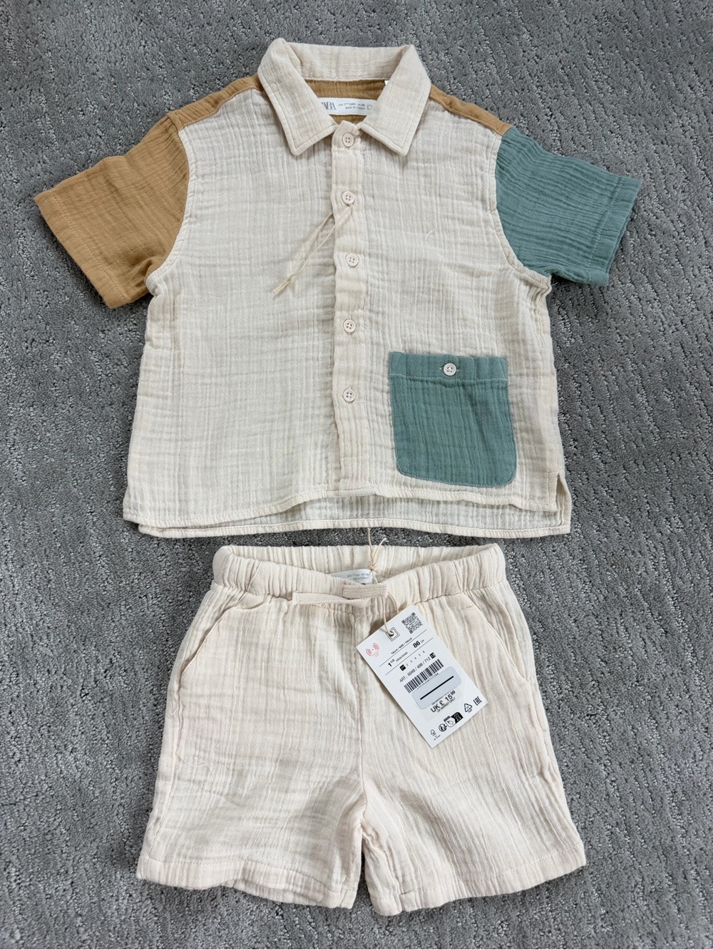 Zara Cream Button Shirt & Shorts Set with Tan and Teal Accents